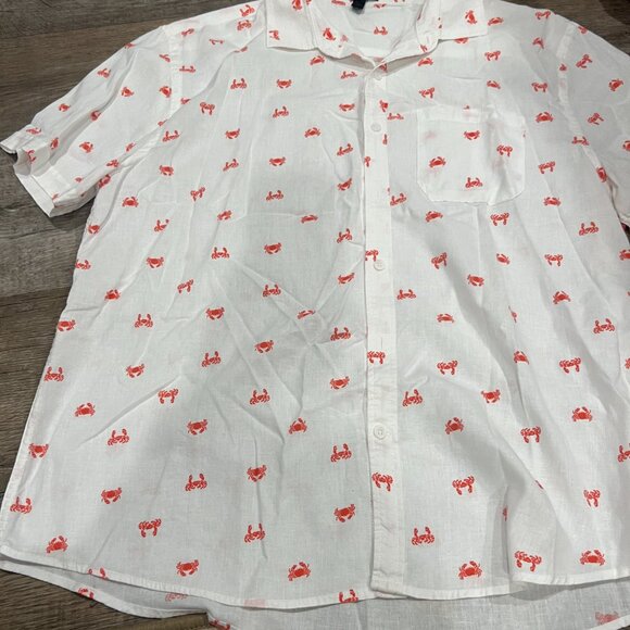 Magaschoni White Linen Viscose Shirt Red Crab Print Short Sleeve Size XL - Picture 5 of 8
